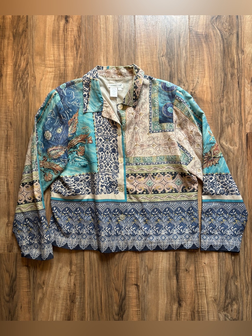 Coldwater Creek Silk Ramie Patchwork Jacket Teal Blue Cream Pastel Earth Tones L